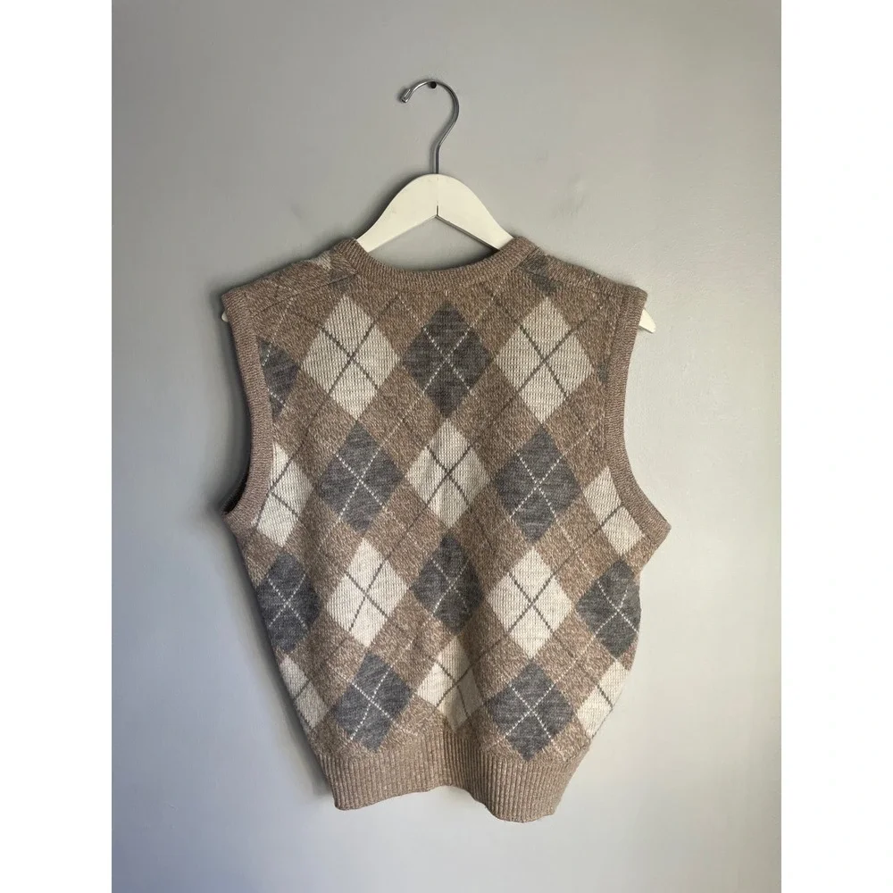 Vintage Academia Argyle Sweater Vest Large Brown Tan Grey V-Neck Made in USA
